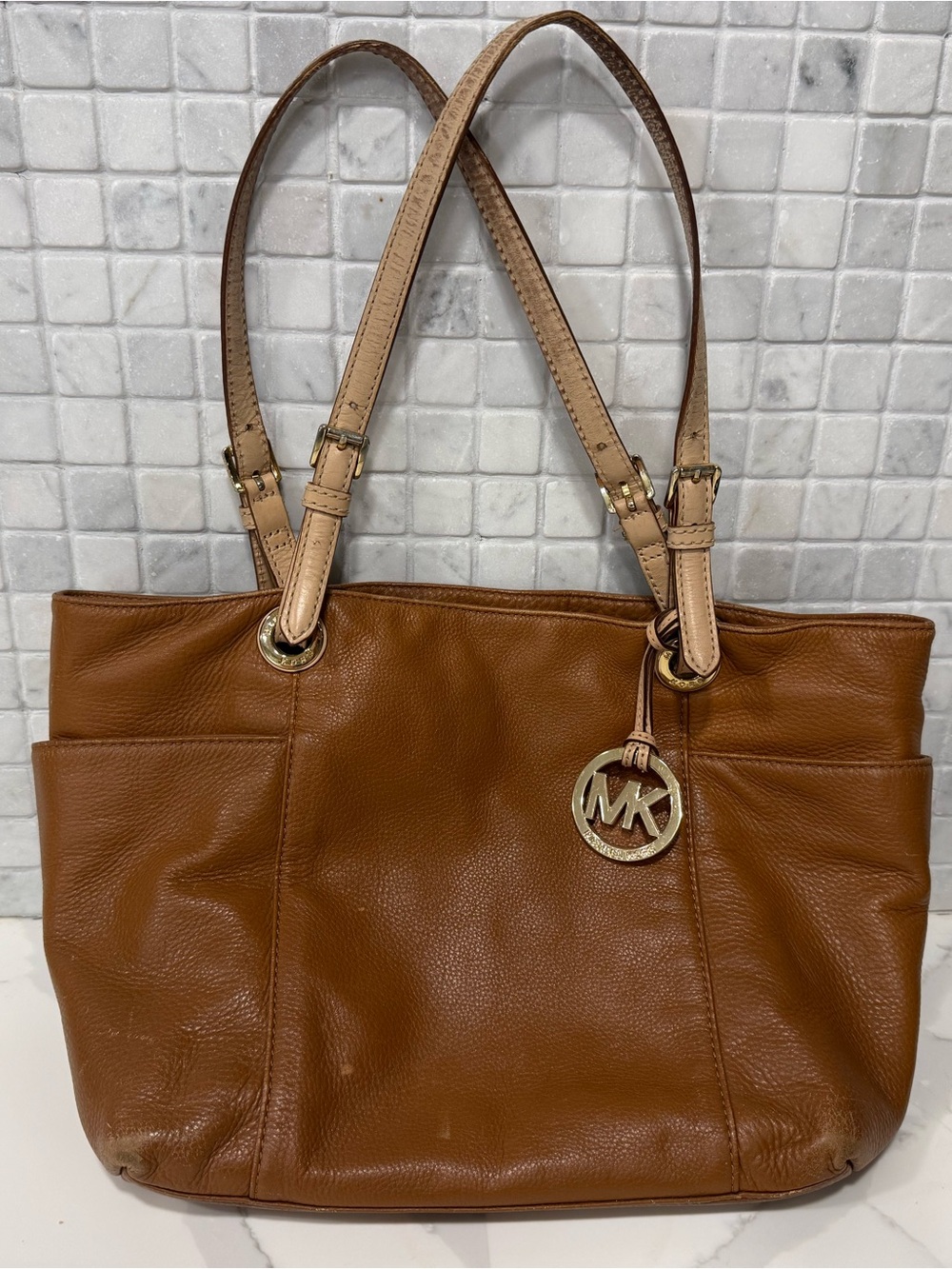 Michael Kors Cognac Leather Tote with Gold MK Charm
